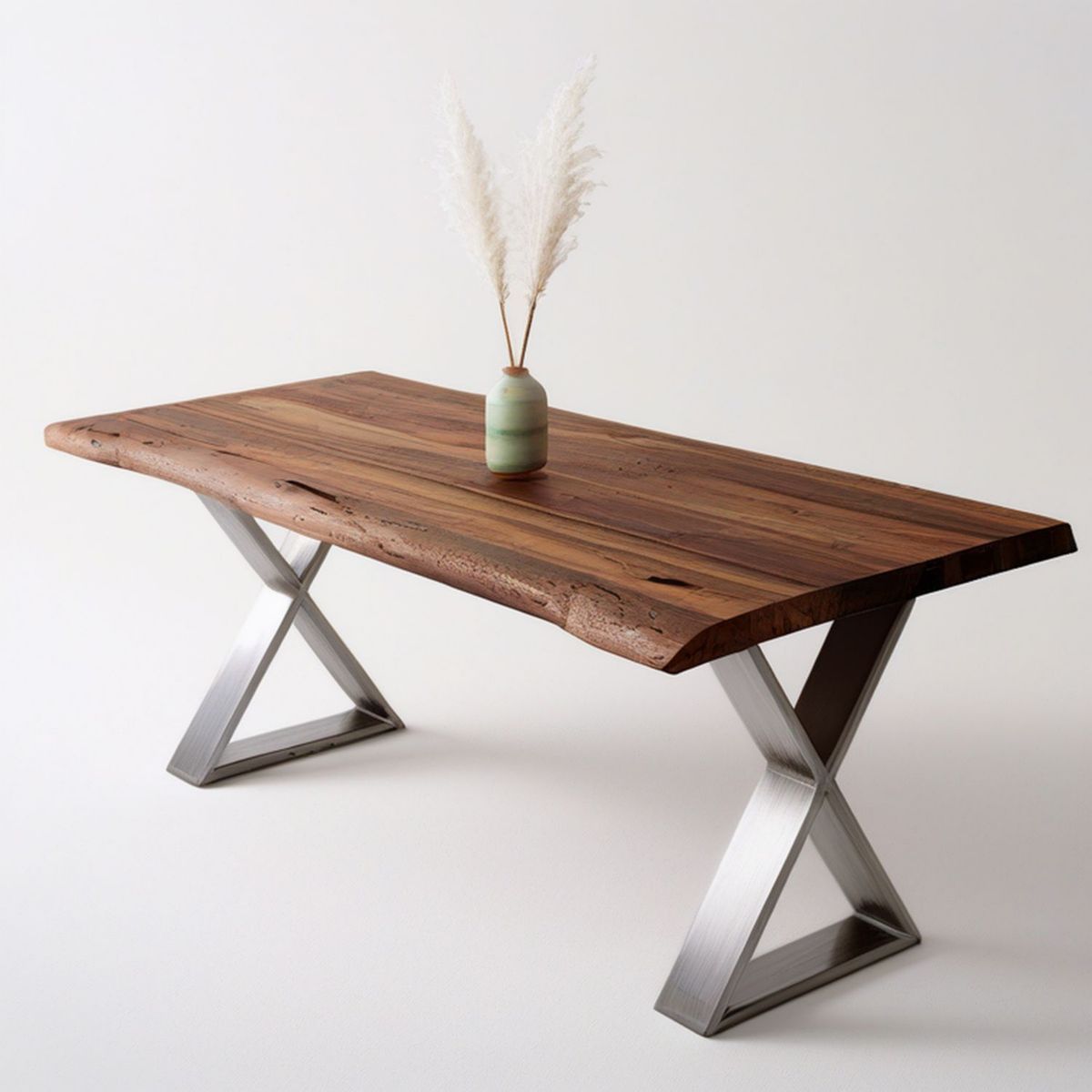 Esstisch aus Akazien-Massivholz 180 x 90 x 75 cm Braun mit Baumkante und Edelstahl-X-Gestell