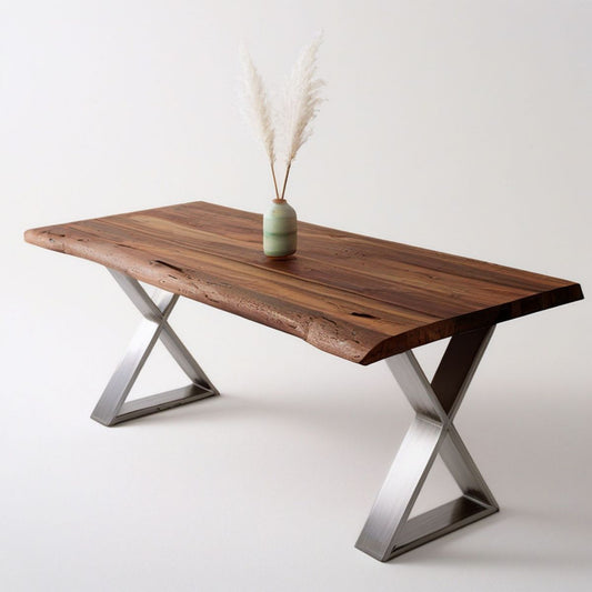 Esstisch aus Akazien-Massivholz 180 x 90 x 75 cm Braun mit Baumkante und Edelstahl-X-Gestell