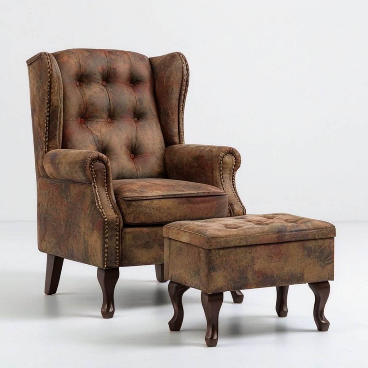 Brauner Vintage-Ohrensessel mit Hocker, PU-Kunstleder, 76 x 86 x 108 cm
