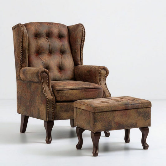 Brauner Vintage-Ohrensessel mit Hocker, PU-Kunstleder, 76 x 86 x 108 cm