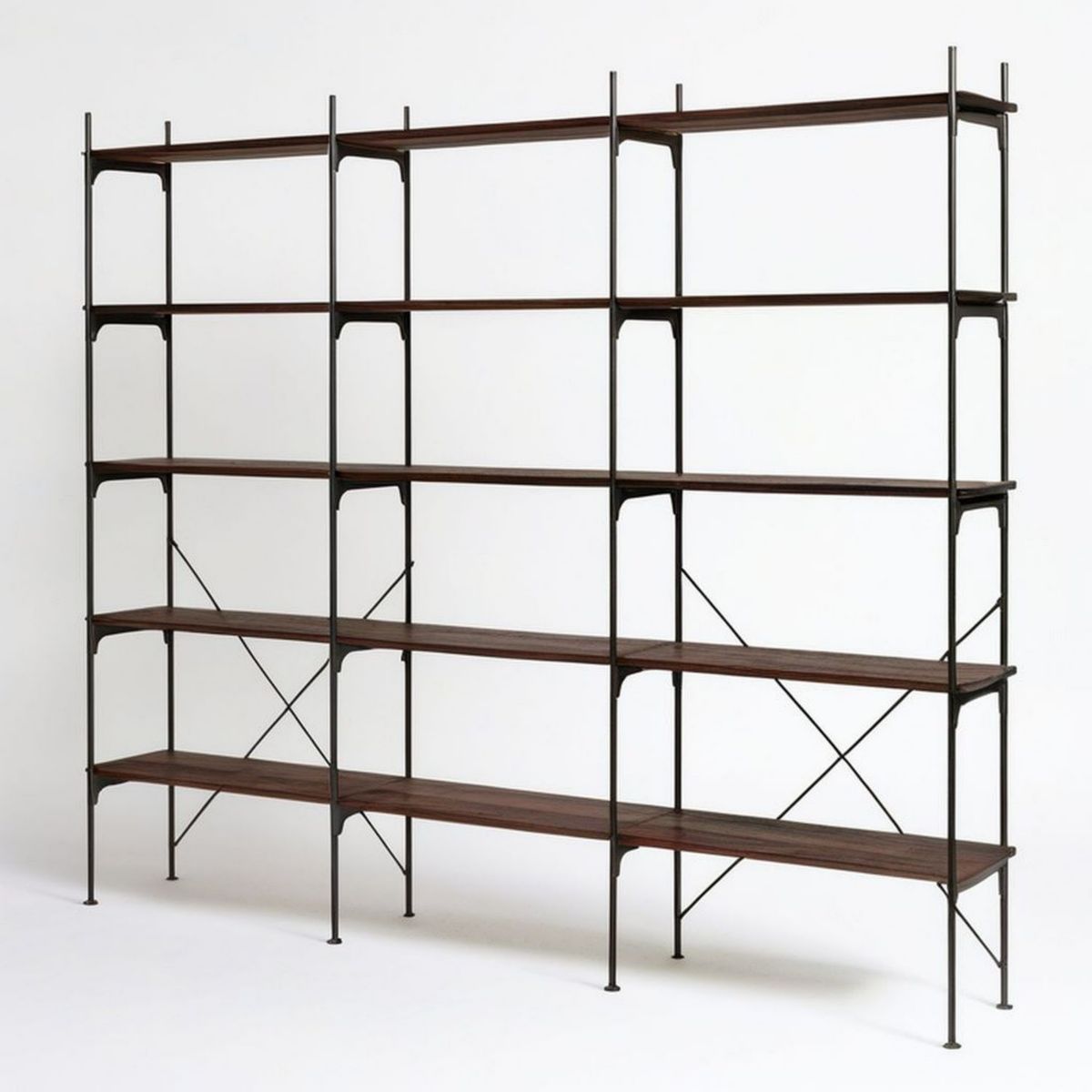 Bücherregal 240 x 35 x 220 cm Dunkelbraun/Schwarz mit Walnussfurnier und Stahlgestell, 5 Ebenen
