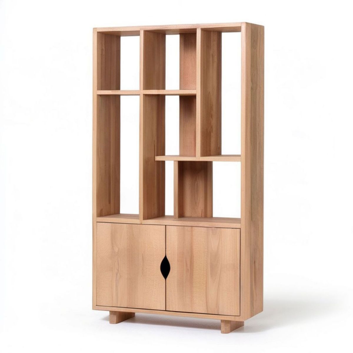 Bücherregal aus massivem Buchenholz mit 8 offenen Fächern und 2 Türen, Natur, 90 x 35 x 190 cm